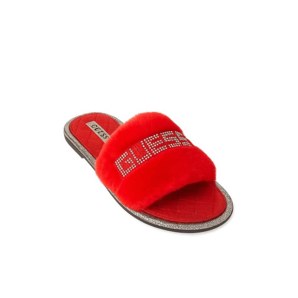 GUESS Women's Red Faux Fur Rhinestone Slippers Size 7M New With Tags